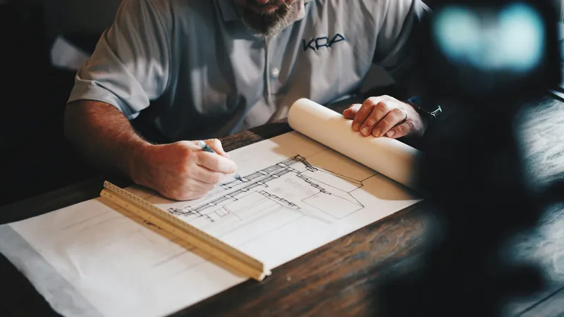 Architect drafting building plans with a pencil and ruler