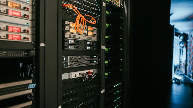 Rack of network and server equipment in a dark room with an orange patch cable